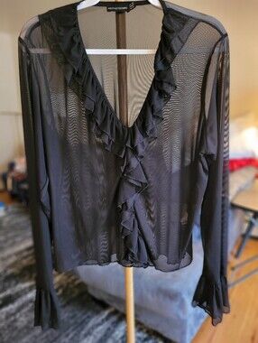PrettyLittleThing Black Sheer V-Neck Ruffle Blouse Size 16